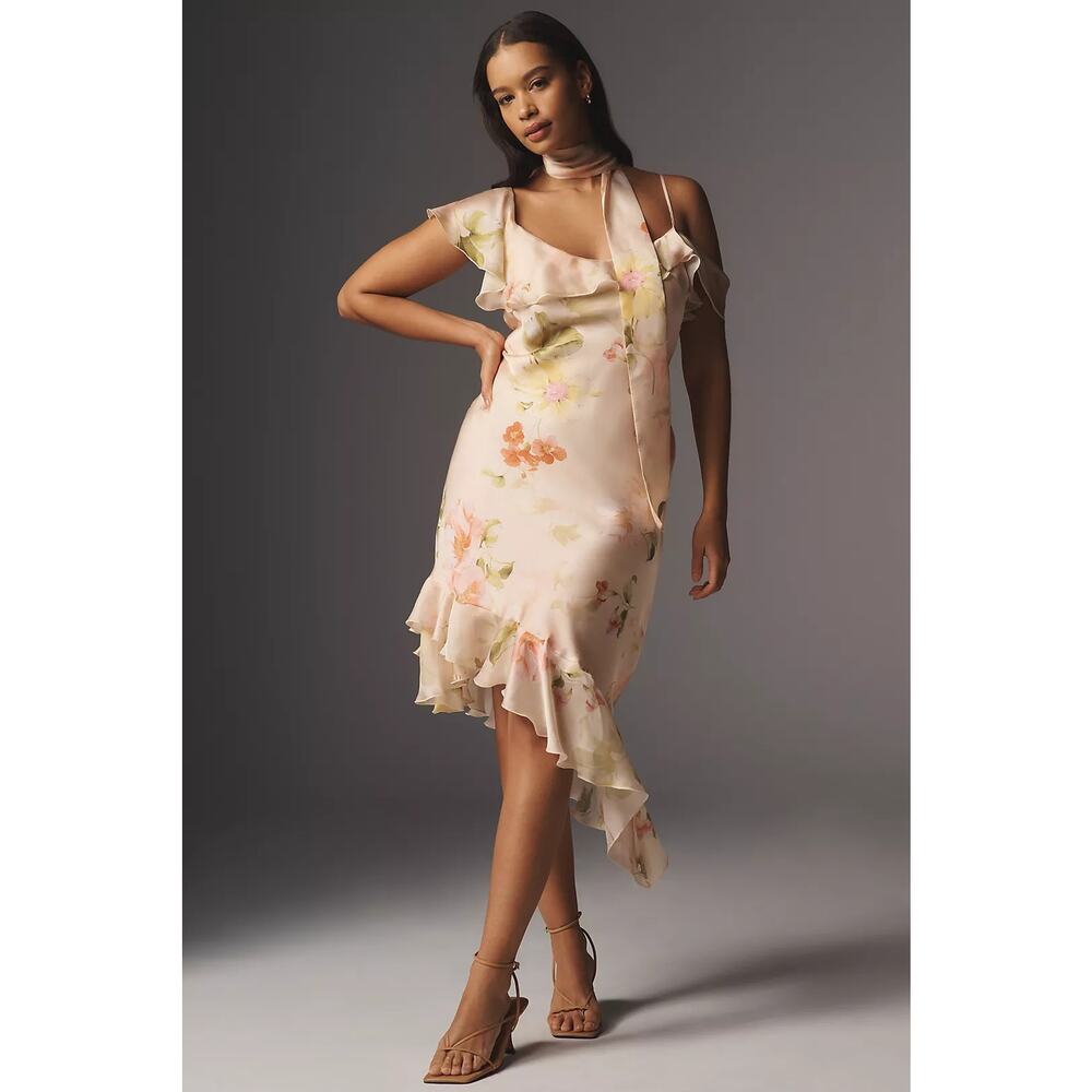 Anthropologie Pale Blush Floral Asymmetrical Ruffle Dress